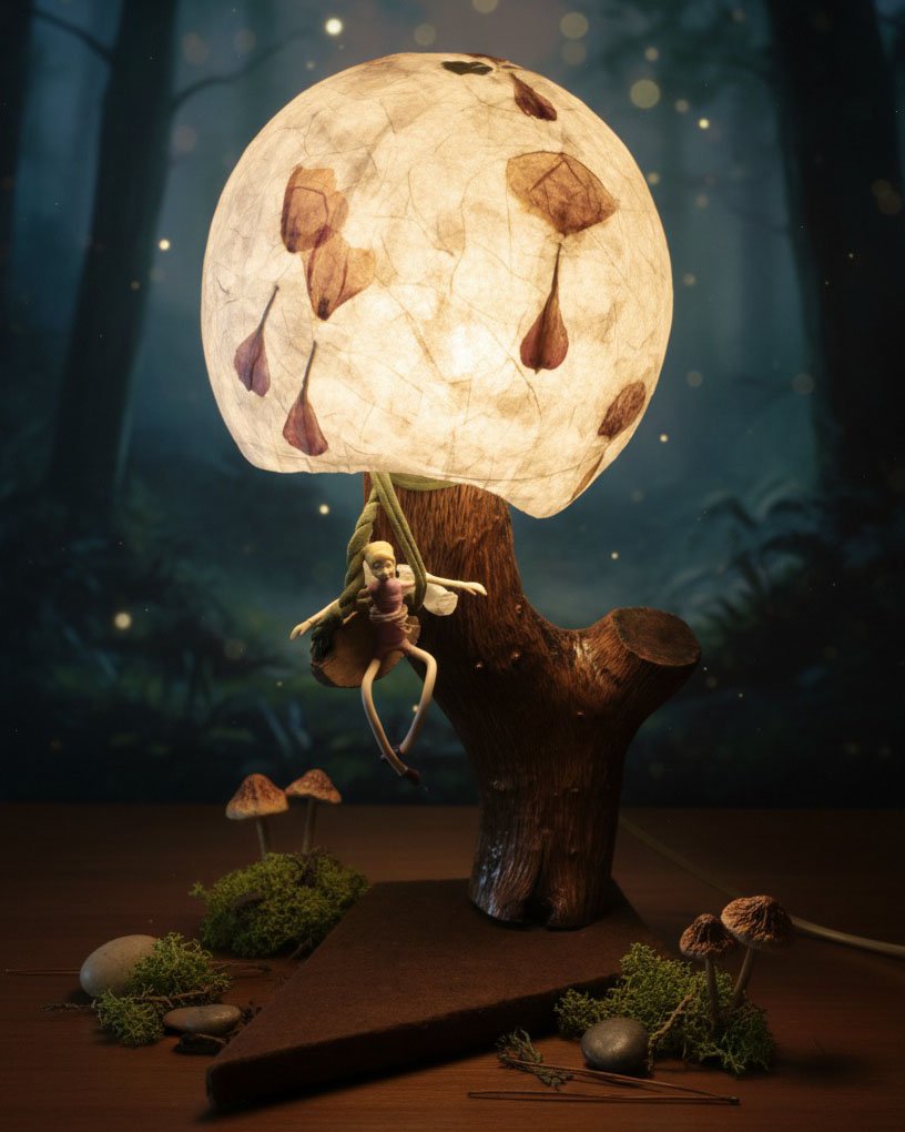 Lámpara artística que simula una luna llena sobre un paisaje en miniatura.